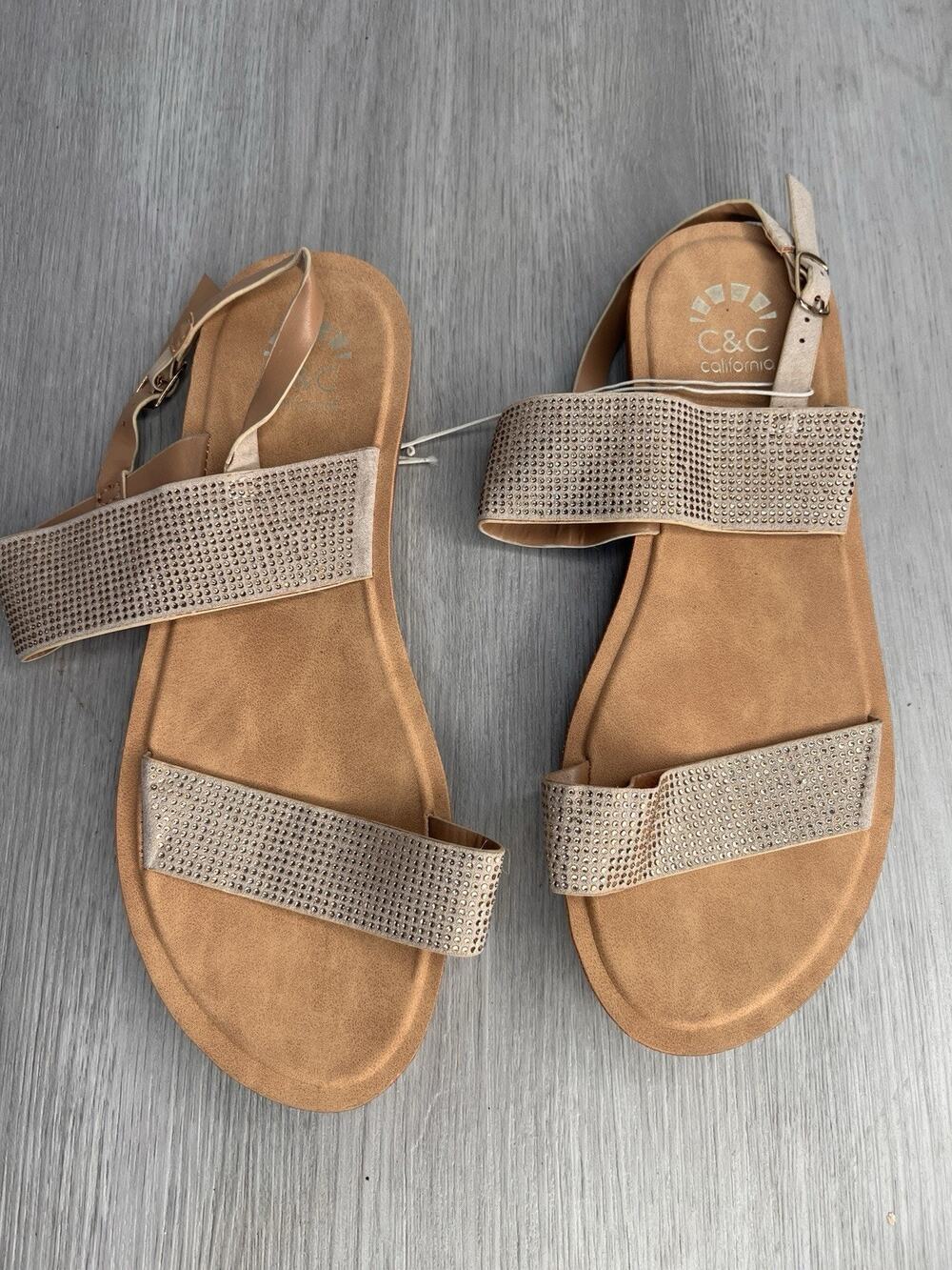 C&C California Flat Tan And Gold Rhinestone Womens Sandal Slides Size 10